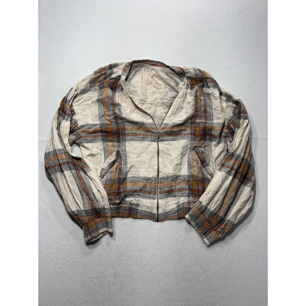 Women’s Lightweight Plaid Zip-Front Jacket - Cream & Brown